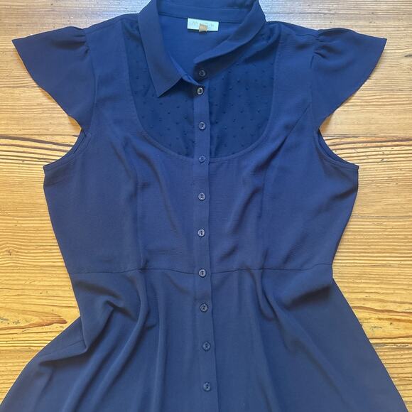 ModCloth dark blue button front flutter cap sleeve sheer accent dress SIZE XL - Picture 3 of 8
